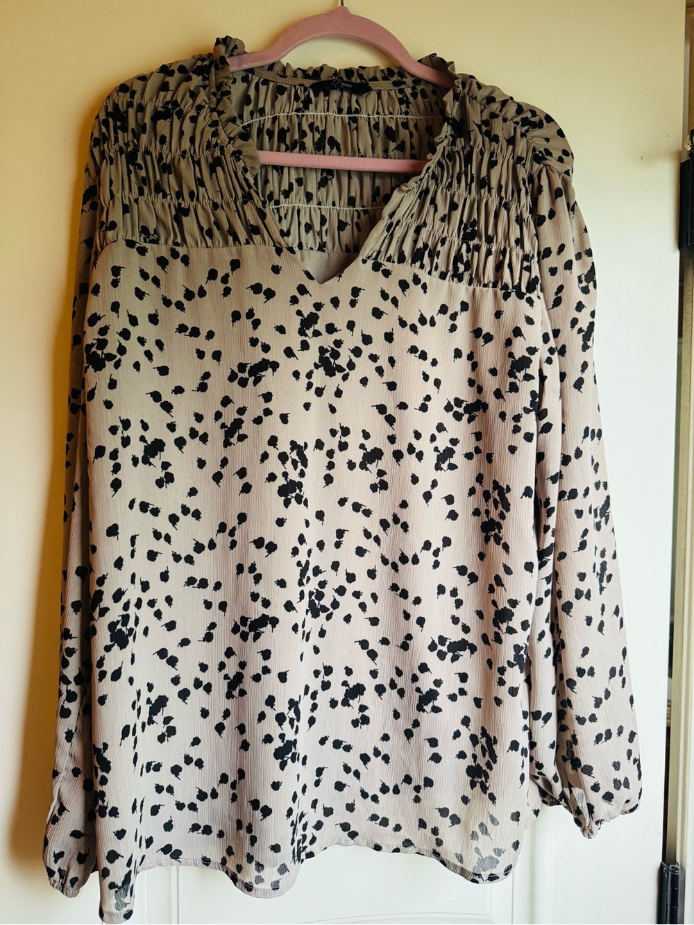 Women's Tan and Black Printed Smocked Blouse